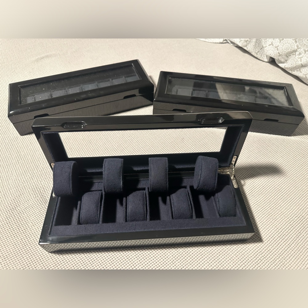 Set of 3 watch/jewelry boxes. Black acrylic with black felt lining